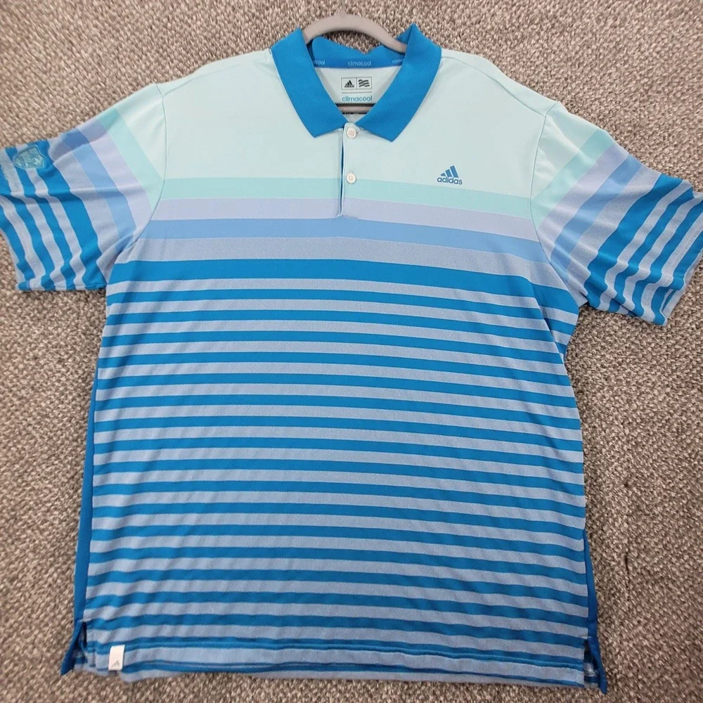Adidas Golf Climacool Mens 2XL Polo Shirt Blue Aqua Striped Performance Short Sl
